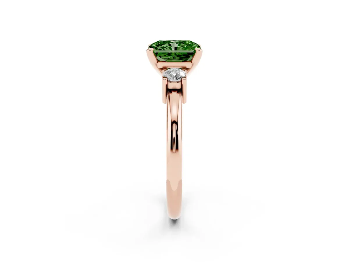 Fancy Green Three-Stone Radiant Cut Cut Diamond Solitaire with Prong Setting and Classic Band Rose gold
