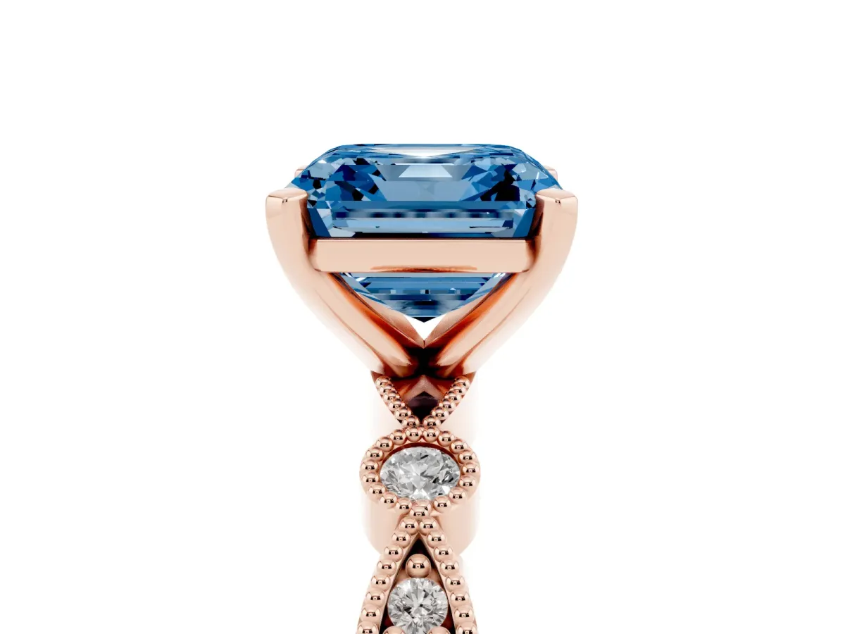 Fancy Blue Asscher Cut Milgrain Bezel Diamond Engagement Ring with Solitaire Prong Setting Rose gold