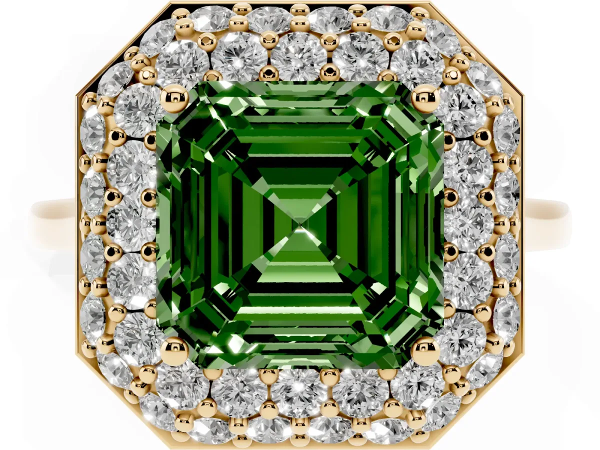 Fancy Green Asscher Cut Halo Diamond Engagement Ring with Solitaire Band and Four-Prong Setting Yellow gold