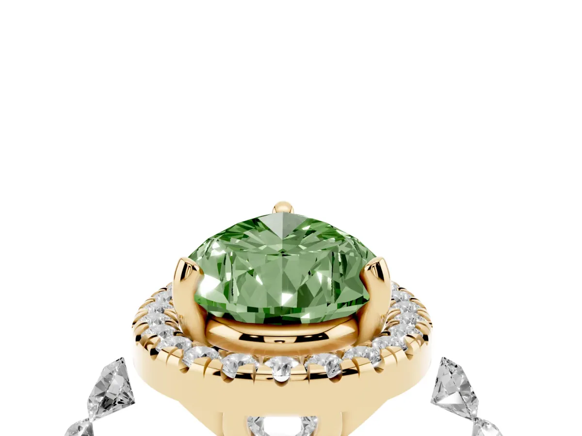 Fancy Green Pear Cut Halo Pavé Diamond Engagement Ring with Four-Prong Setting Yellow gold