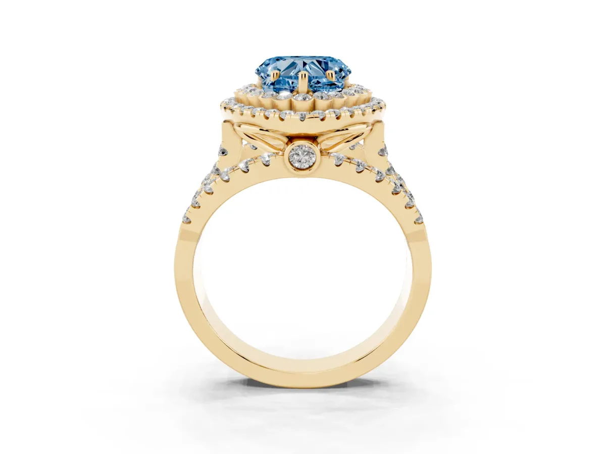 Fancy Blue Heart Cut Diamond Double Halo Ring with Round Pavé Split Shank and Prong Setting Yellow gold