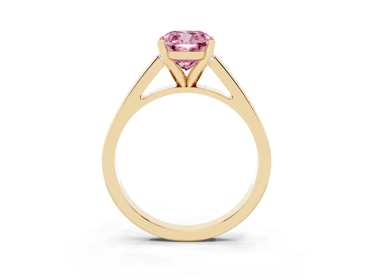 Fancy Pink Cushion Cut Solitaire Engagement Ring with Four-Prong Setting and Tapered Band Yellow gold