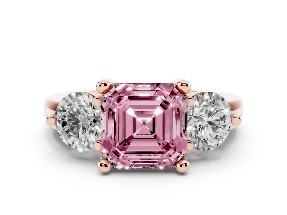 Fancy Pink Three-Stone Asscher Cut Brilliant Cut Solitaire Ring with Prong Setting on a Classic Band Rose gold