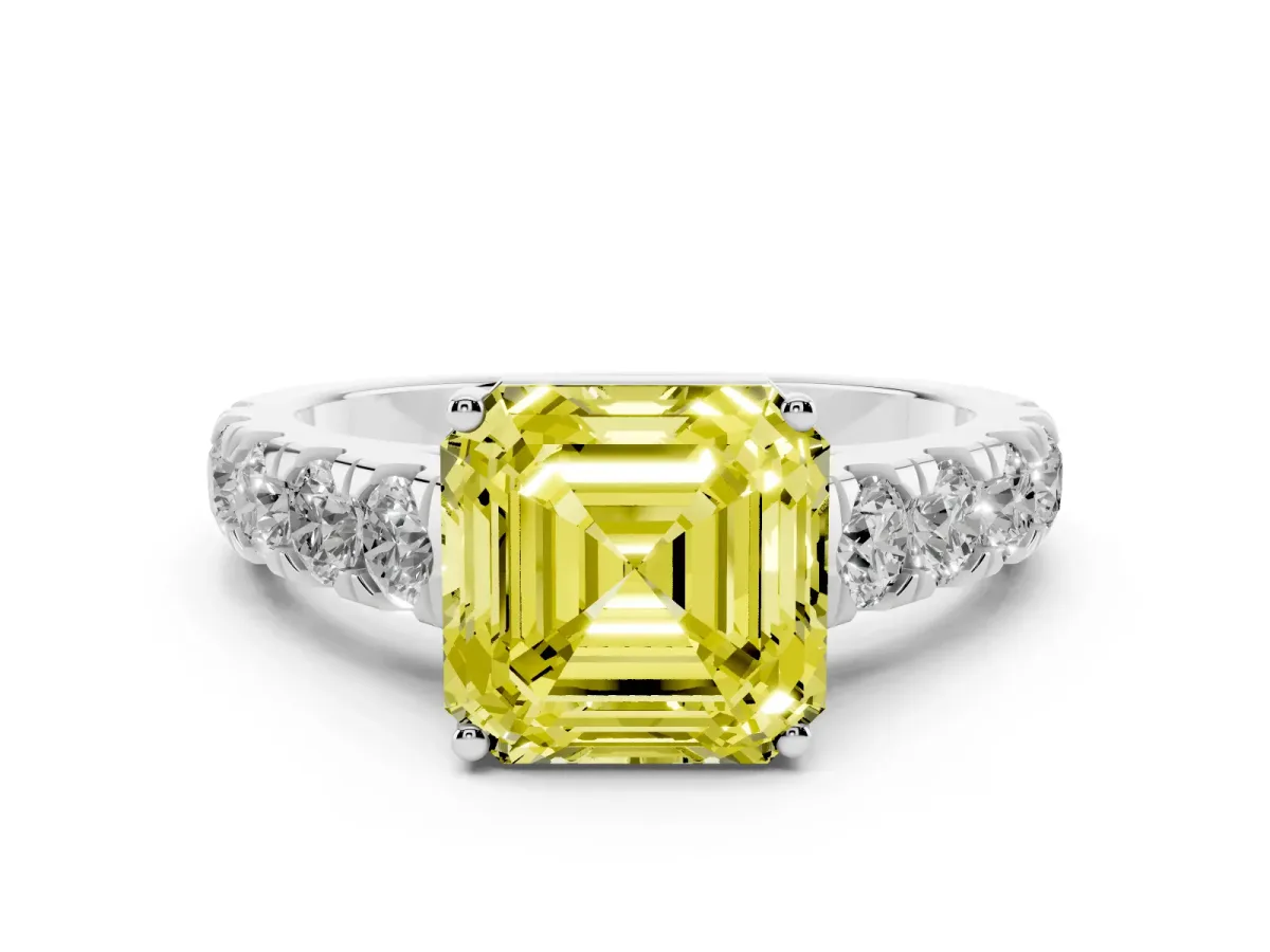Fancy Yellow Asscher Cut Cut Diamond Solitaire Ring with Micro Pave Band and Prong Setting Silver