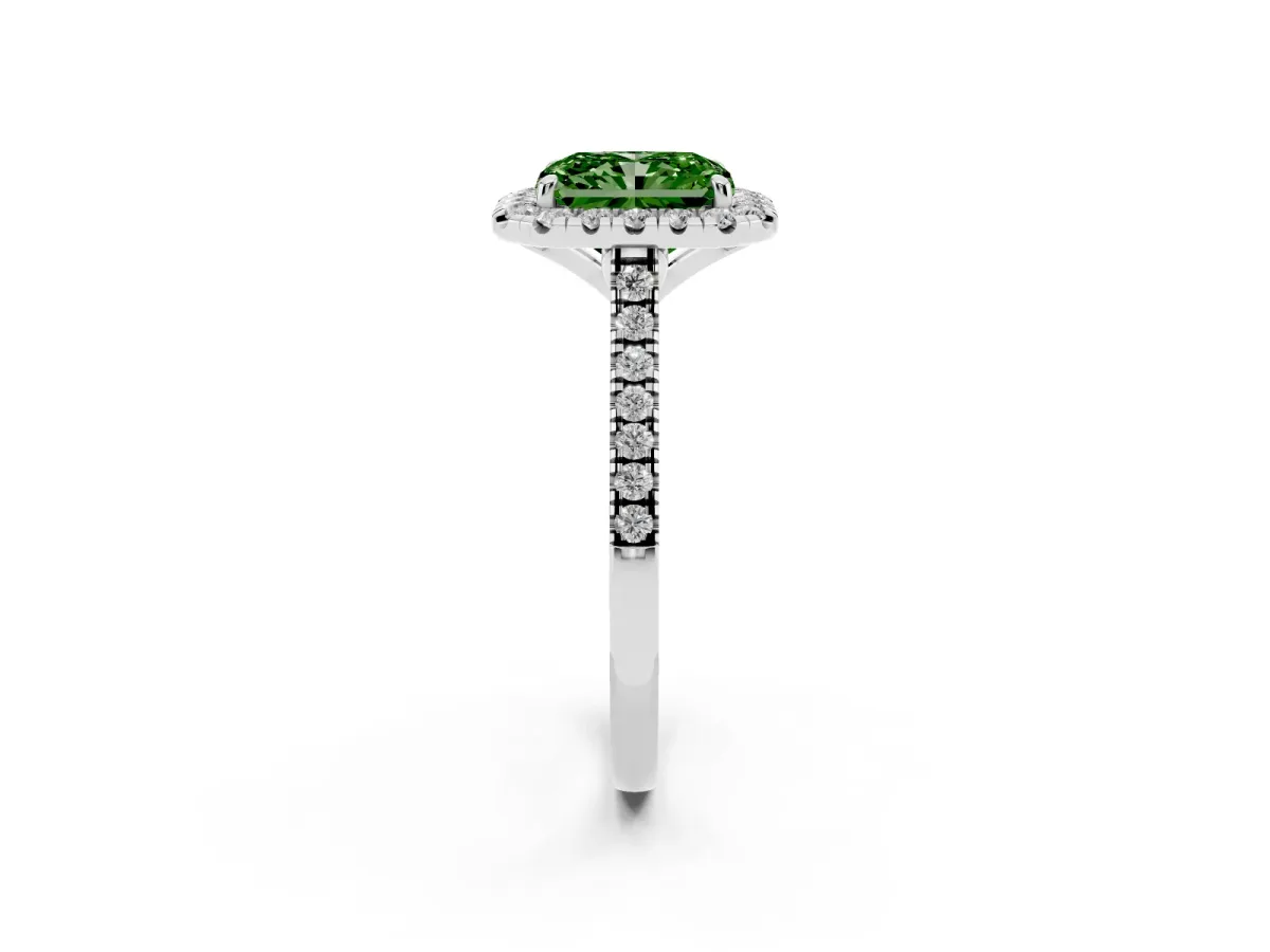Fancy Green Radiant Cut Diamond Cushion Halo Ring with Pavé Band White gold