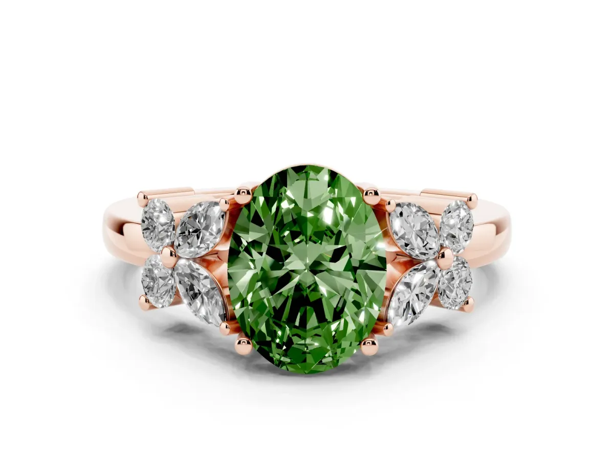 Fancy Green Oval Cut Diamond Floral Cluster Ring with Solitaire Band and Prong Setting Rose gold