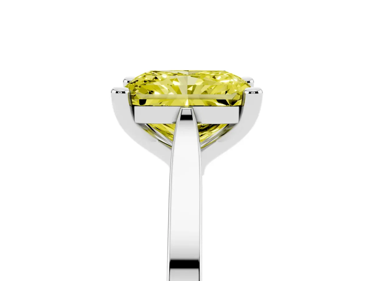 Fancy Yellow Radiant Cut Solitaire Diamond Ring with Four-Prong Setting and Tapered Band Silver