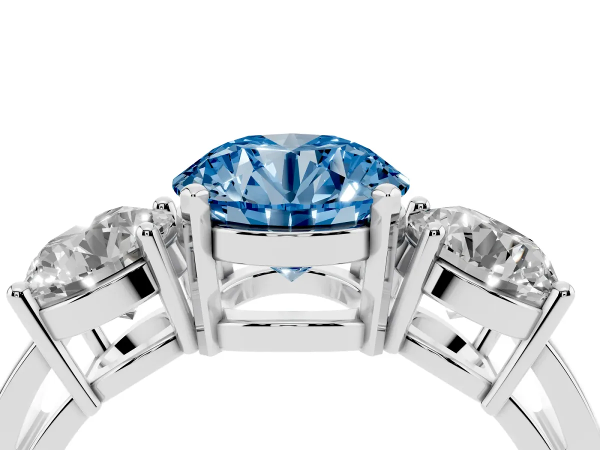 Fancy Blue Three-Stone Round Cut Diamond Ring with Round Side Stones, Classic Band, and Four-Prong Setting White gold