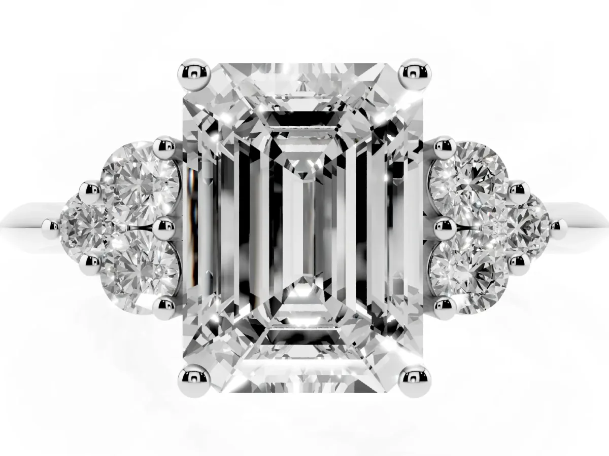 Emerald Cut Cut Diamond Cluster Ring with Solitaire Band and Four-Prong Setting Silver