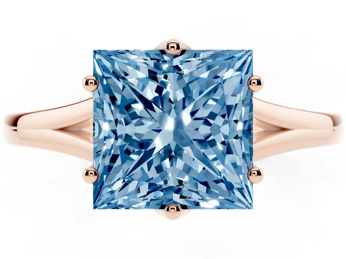Fancy Blue Princess Cut Solitaire Diamond Ring with Six-Prong Setting and Tapered Band Rose gold