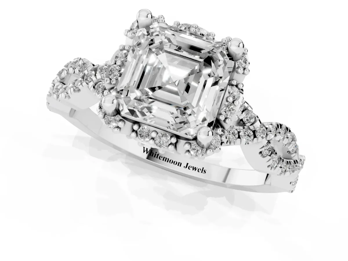 Asscher Cut Halo Twist Band Solitaire Ring with Six-Prong Setting Silver