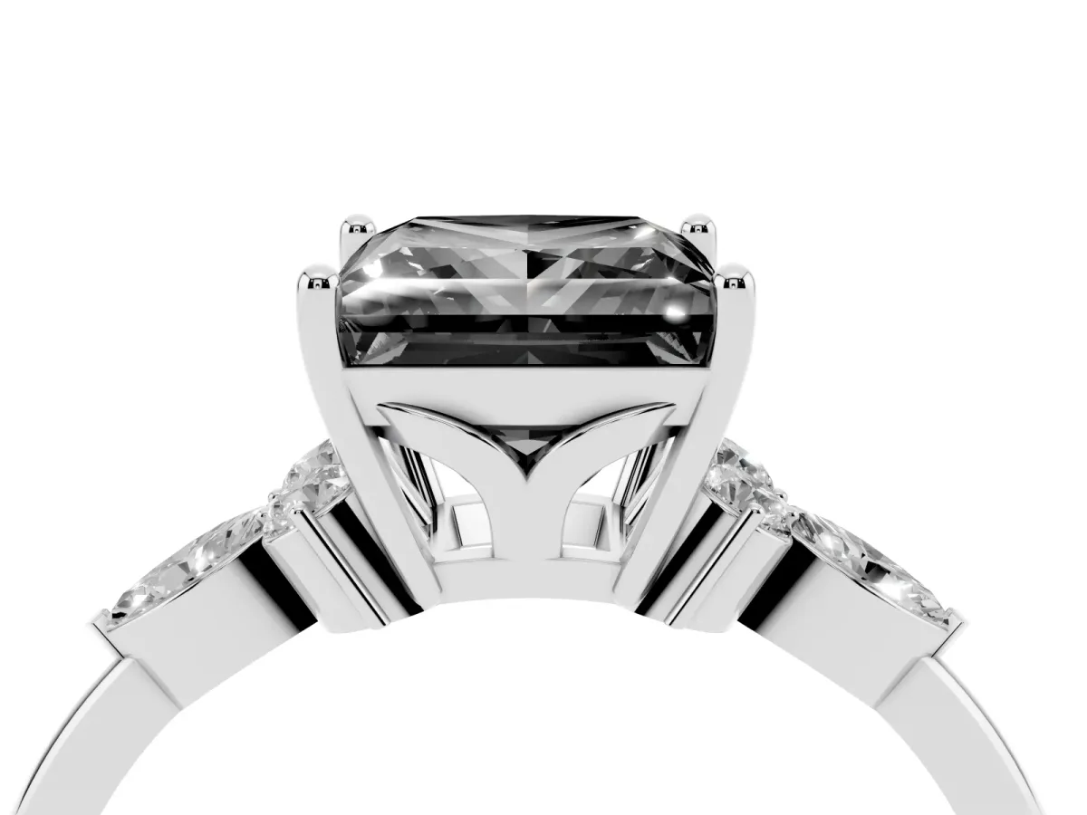 Fancy Black Princess Cut Brilliant Diamond Solitaire Ring with Pear Side Stones and Four-Prong Setting Silver