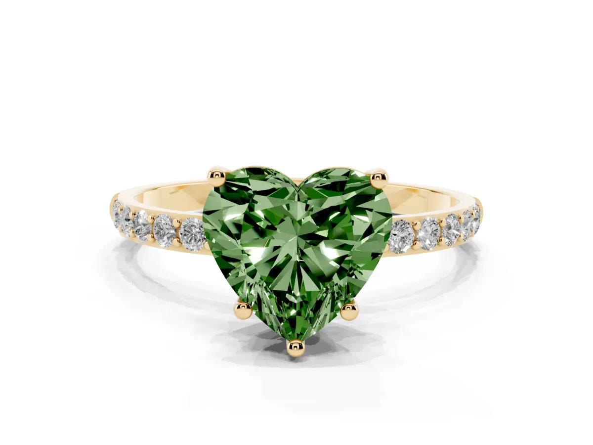 Fancy Green Heart Cut Diamond Solitaire Ring with Round Pavé Shoulders and Prong Setting Yellow gold
