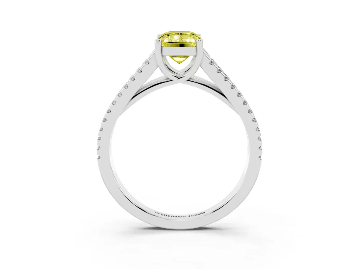 Fancy Yellow Emerald Cut Diamond Solitaire Engagement Ring with Split Shank Pavé Band Platinum