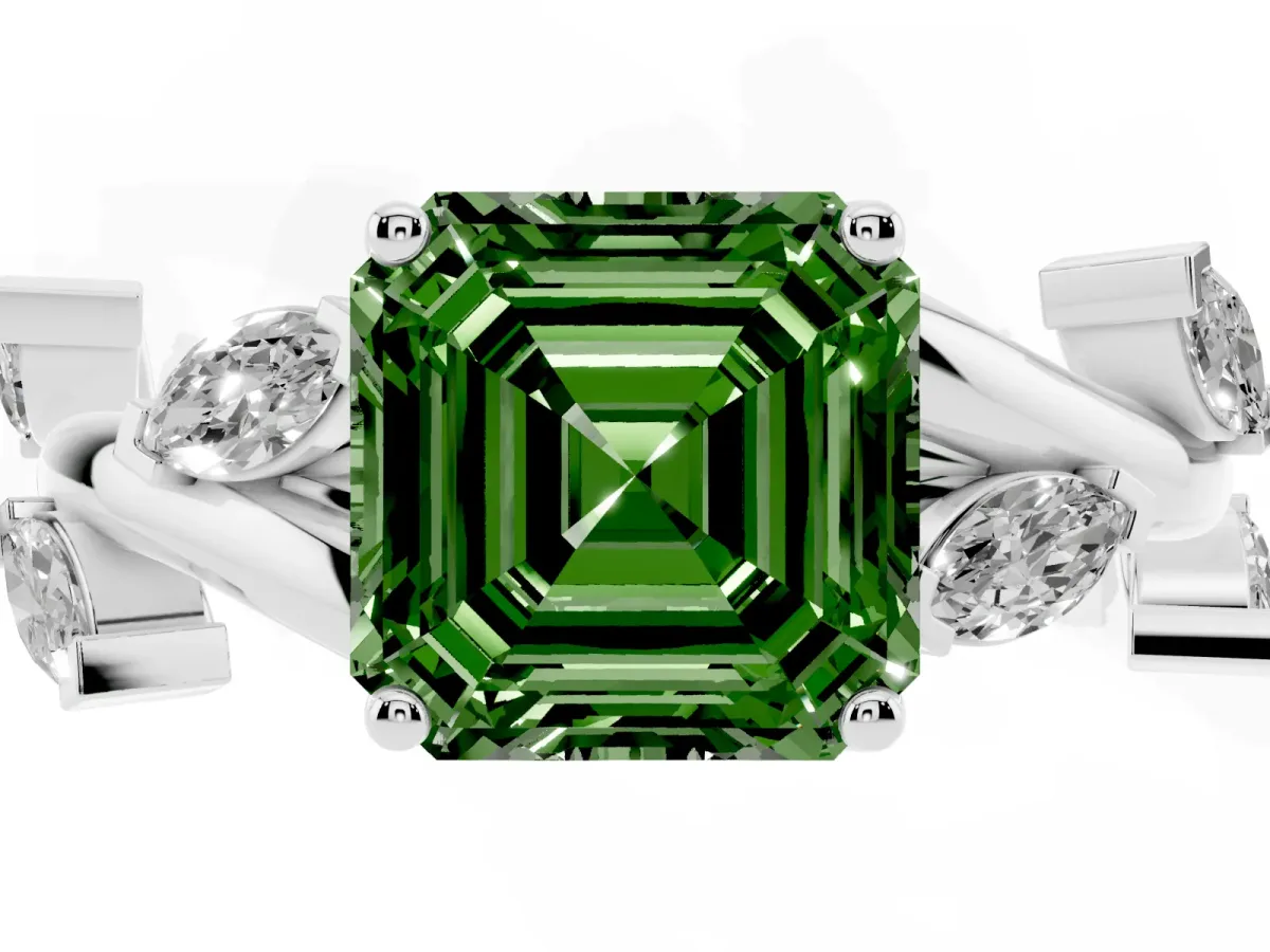Fancy Green Asscher Cut Solitaire Twisted Band Marquise Accent Prong Setting Ring Silver