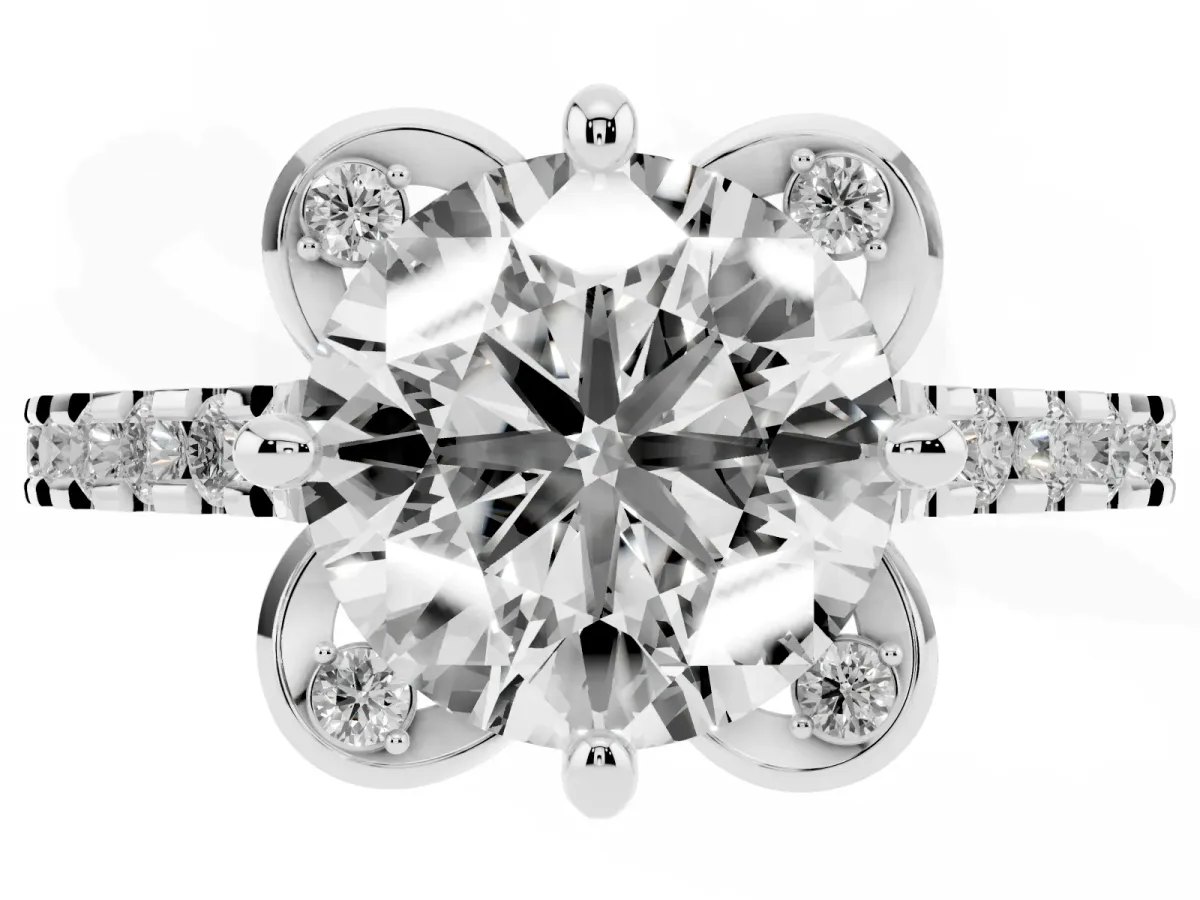 Round Cut Diamond Ring with Pavé Band and Floral Prong Setting Silver