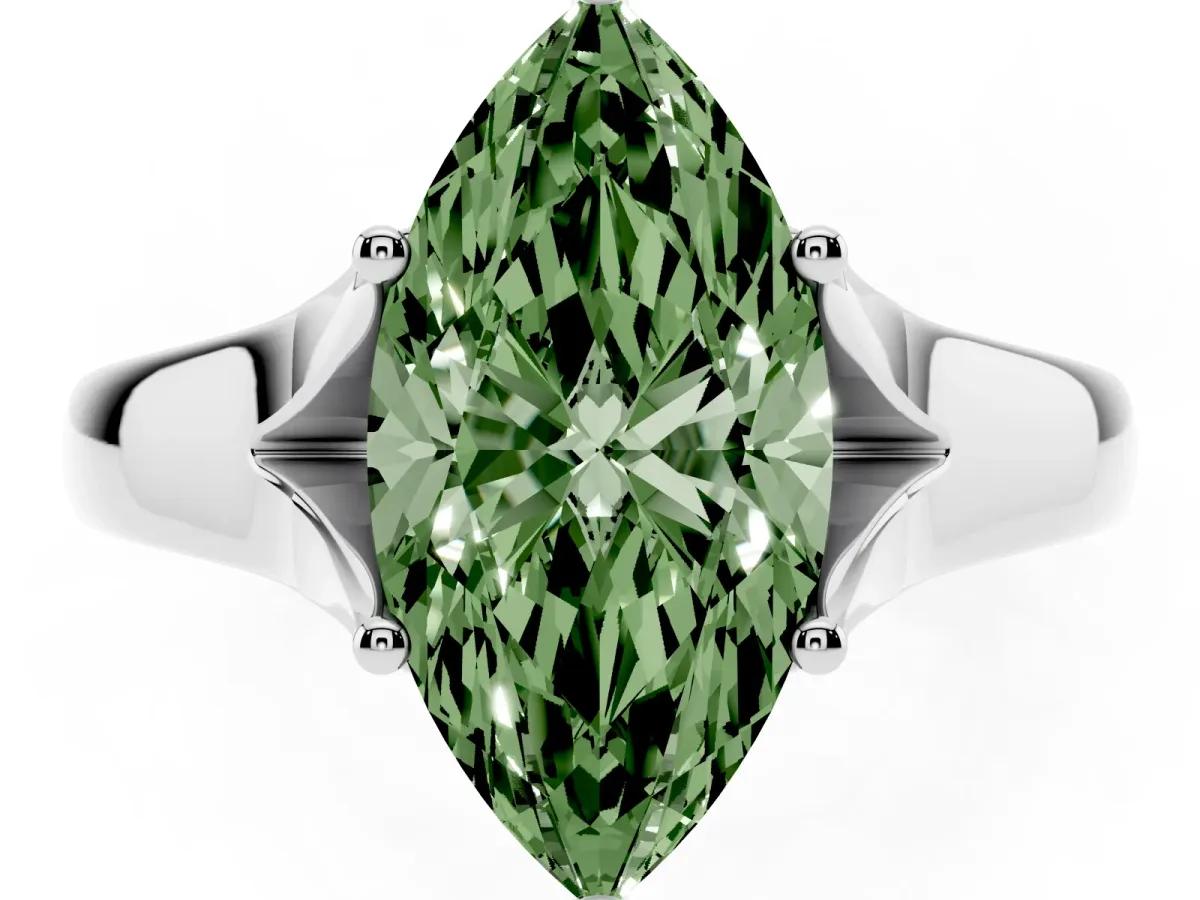 Fancy Green Marquise Cut Solitaire Diamond Ring with Cathedral Band and Four-Prong Setting Platinum