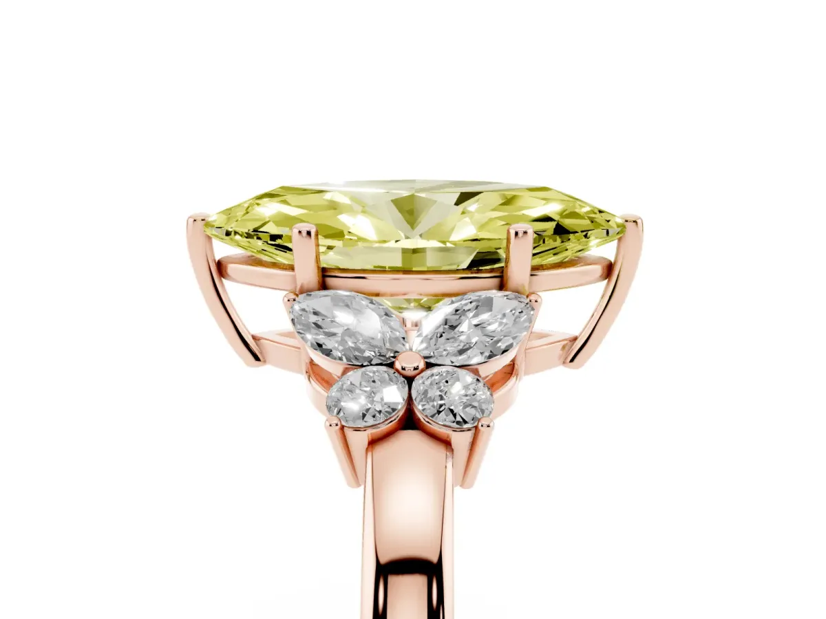 Fancy Yellow Marquise Cut Cut Solitaire Floral Diamond Ring with Four-Prong Setting Rose gold