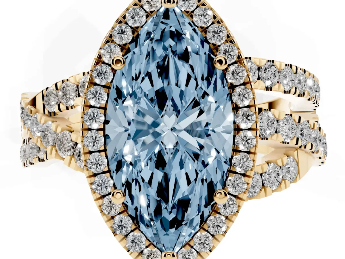 Fancy Blue Marquise Cut Diamond Halo Ring with Round Split Shank and Prong Setting Yellow gold