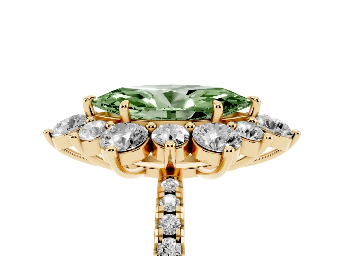 Fancy Green Marquise Cut Diamond Floral Halo Ring with Round Pavé Band and Prong Setting Yellow gold