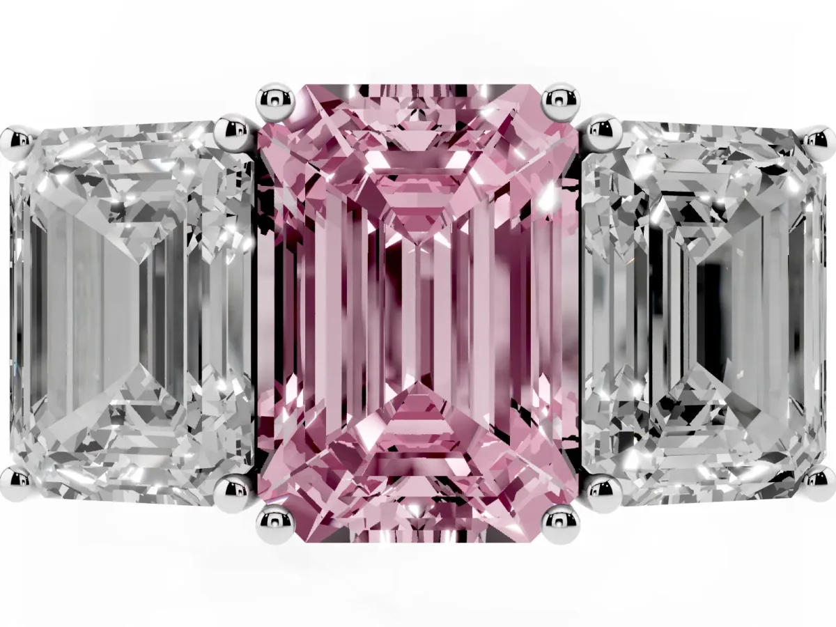 Fancy Pink Emerald Cut Diamond Three-Stone Ring with Prong Setting and Textured Band Silver