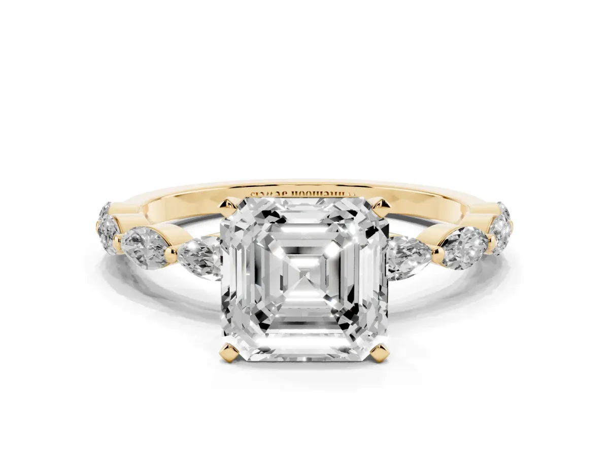 Asscher Cut Diamond Ring with Marquise Side Stones and Prong Setting Yellow gold