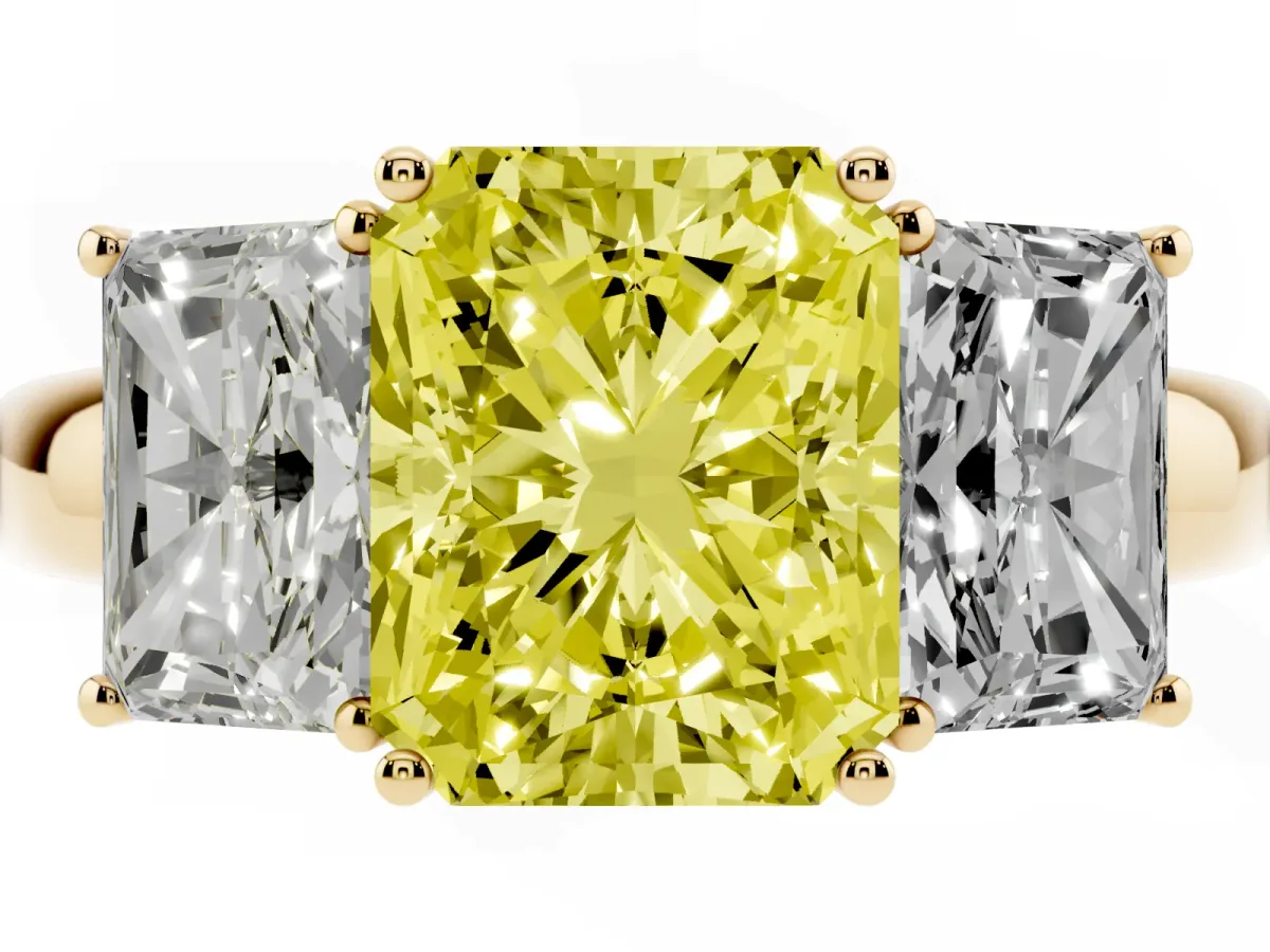 Fancy Yellow Radiant Cut Diamond Three-Stone Ring with Four-Prong Setting and Classic Band Yellow gold