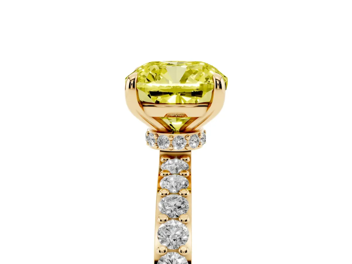 Fancy Yellow Cushion Cut Diamond Solitaire Engagement Ring with Pavé Band and Four-Prong Setting Yellow gold