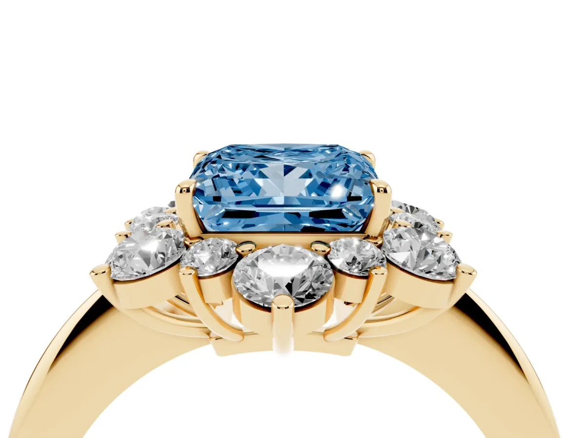 Fancy Blue Princess Cut Diamond Cluster Halo Ring with Solitaire Band and Four-Prong Setting Yellow gold