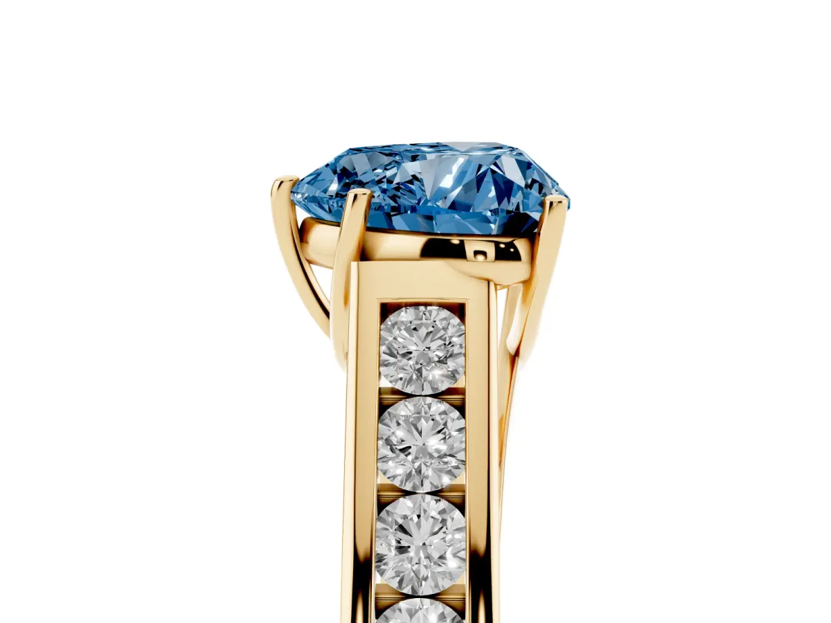 Fancy Blue Heart Cut Solitaire Channel-Set Diamond Engagement Ring with Four-Prong Setting Yellow gold