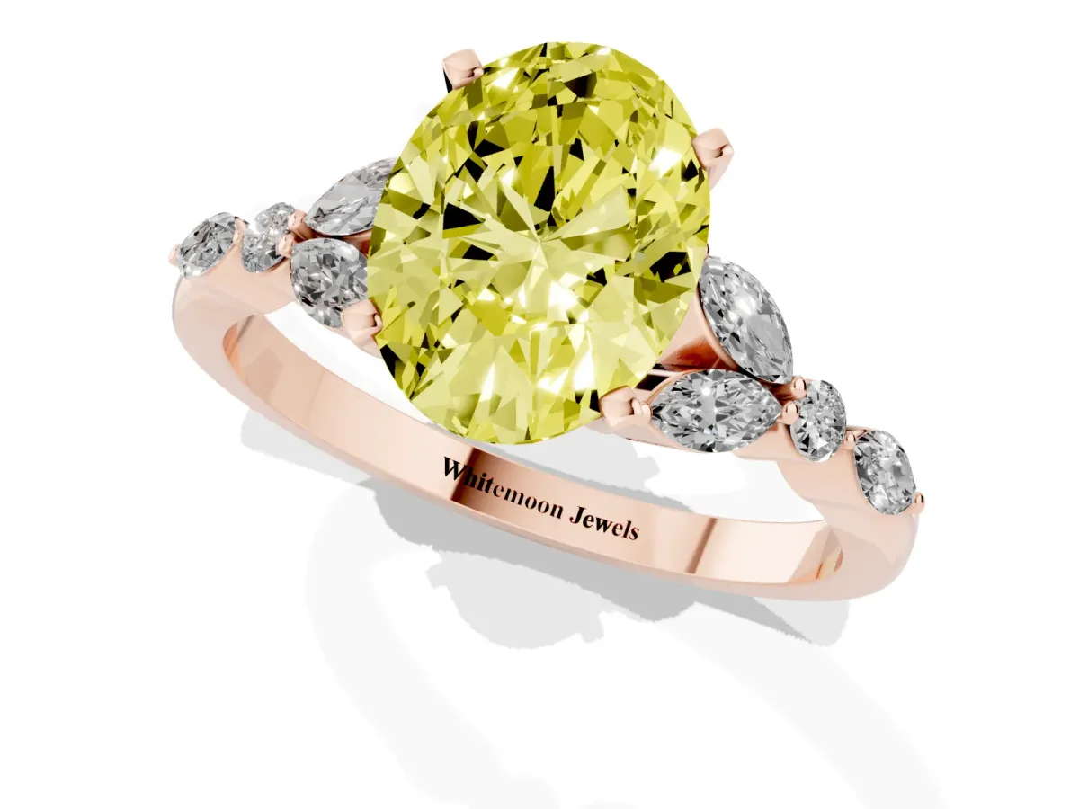 Fancy Yellow Oval Cut Diamond Solitaire Ring with Side Stones and Four-Prong Setting Rose gold