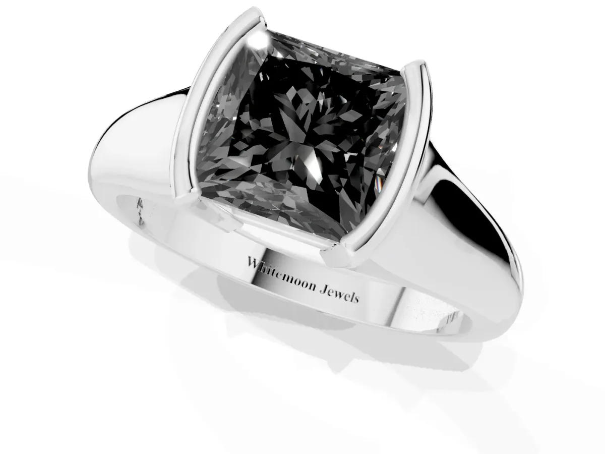 Fancy Black Princess Cut Solitaire Tension Set Diamond Ring with Split Shank Band Silver