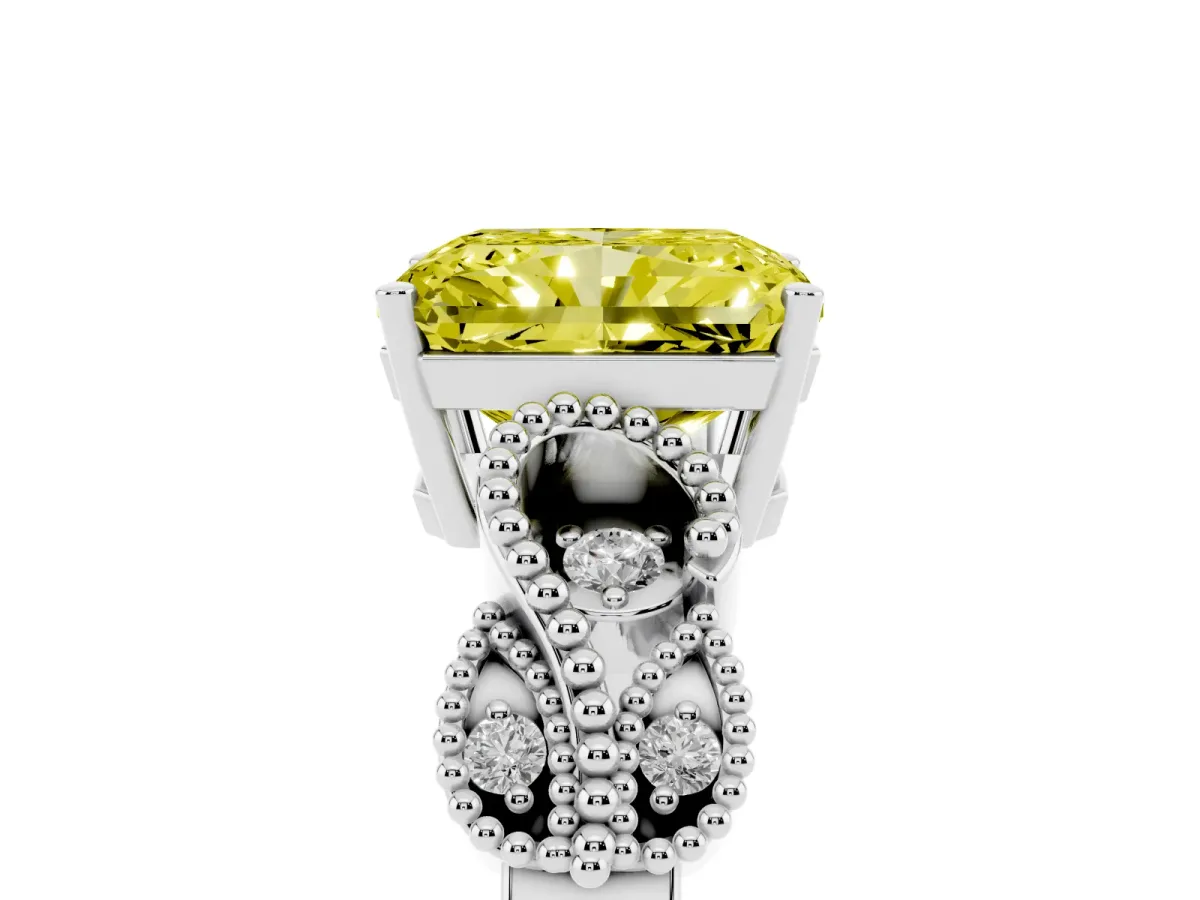 Fancy Yellow Radiant Cut Solitaire Milgrain Leaf Band with Prong Setting Platinum