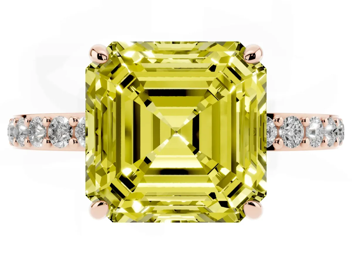 Fancy Yellow Asscher Cut Diamond Solitaire Engagement Ring with Pavé Band and Four-Prong Setting Rose gold