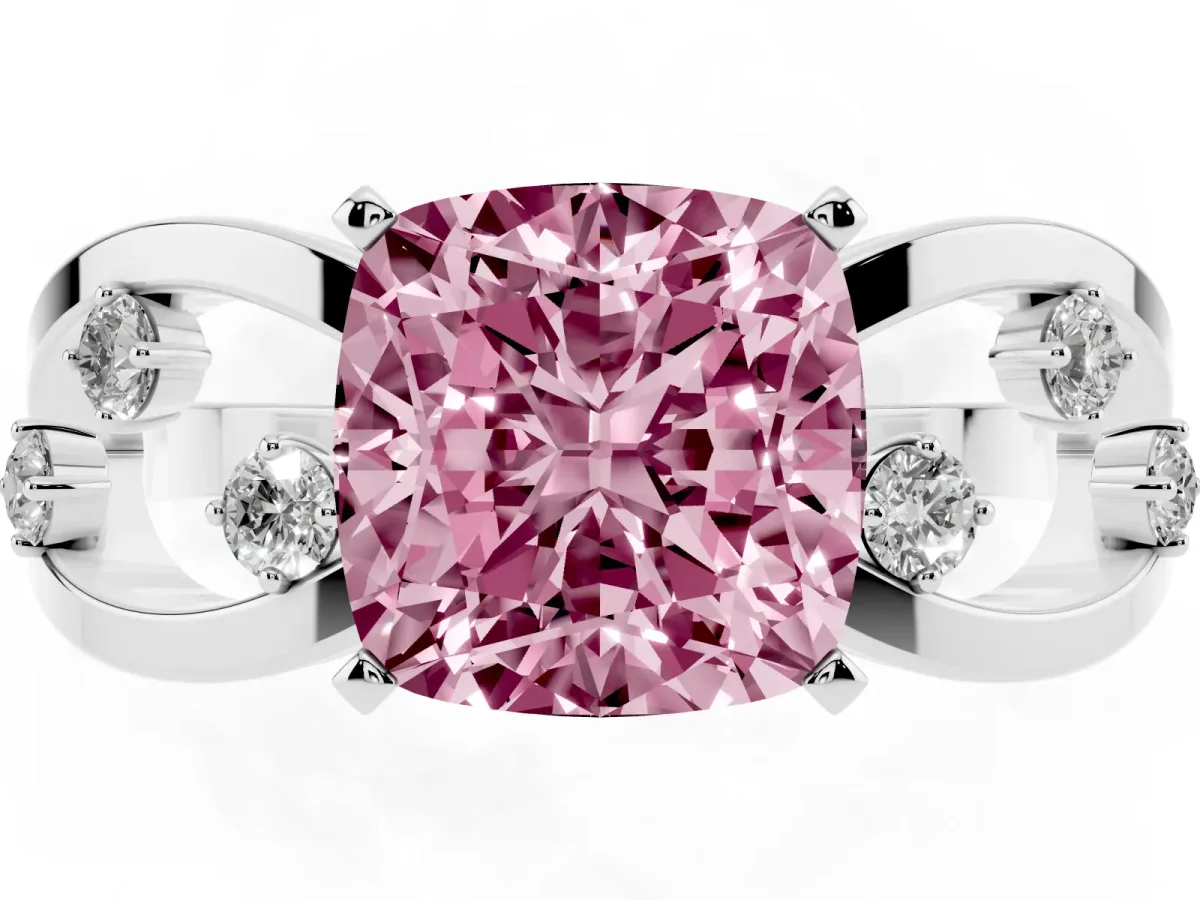 Fancy Pink Cushion Cut Cut Solitaire Diamond with Side Stones on Criss-Cross Band and Four-Prong Setting Platinum