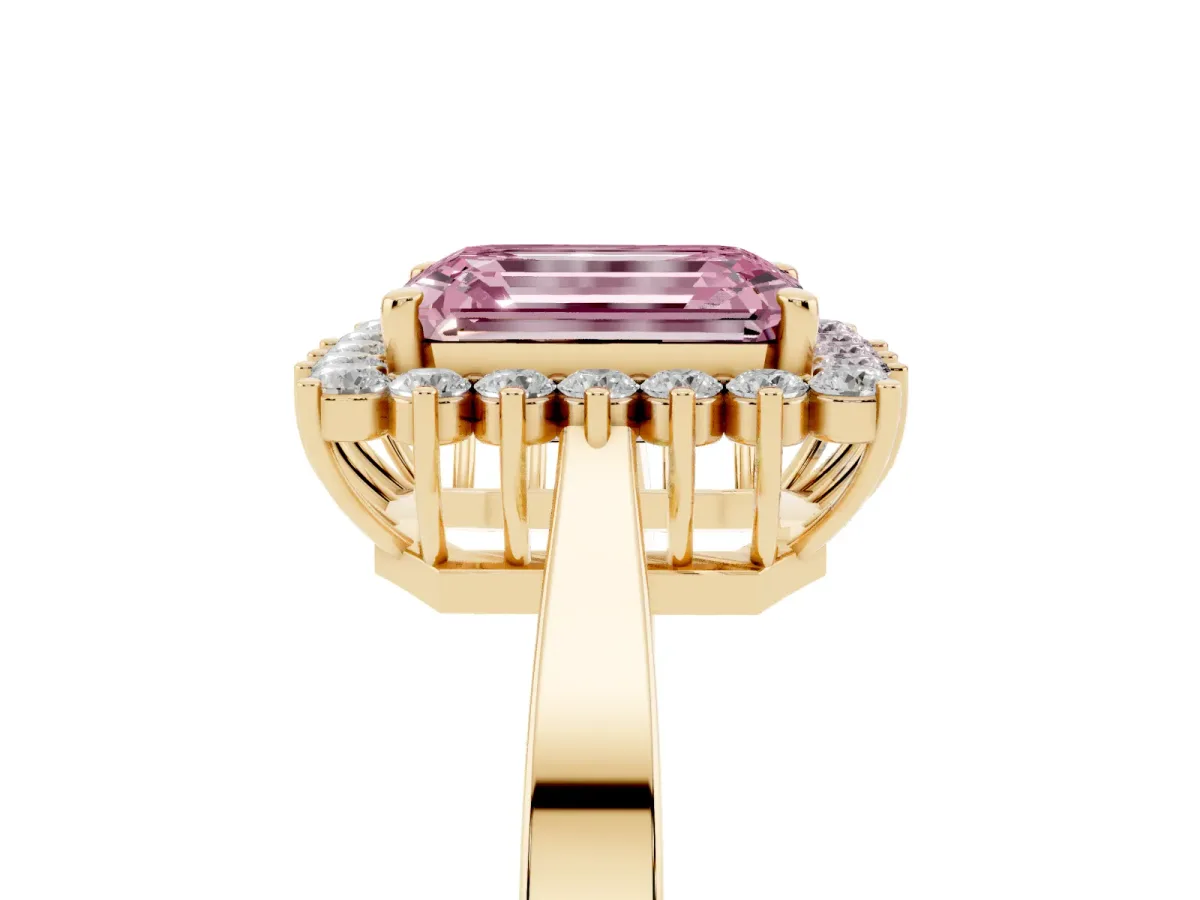 Fancy Pink Emerald Cut Cut Diamond Halo Ring with Round Brilliant Halo and Solitaire Band Yellow gold
