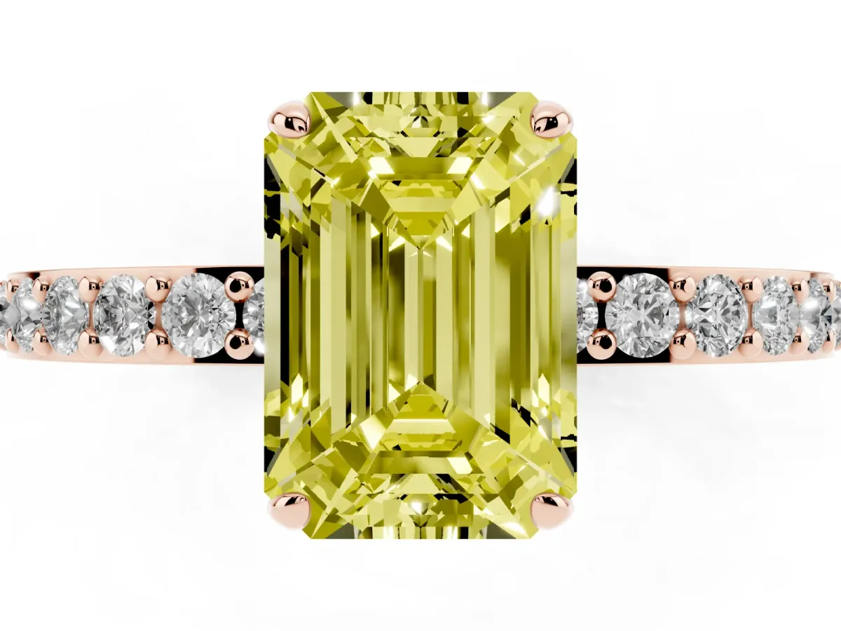 Fancy Yellow Emerald Cut Diamond Pavé Engagement Ring with Round Accents and Prong Setting Rose gold