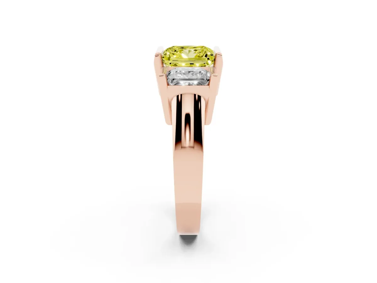 Fancy Yellow Three Stone Princess Cut Cut Channel Set Diamond Ring Rose gold