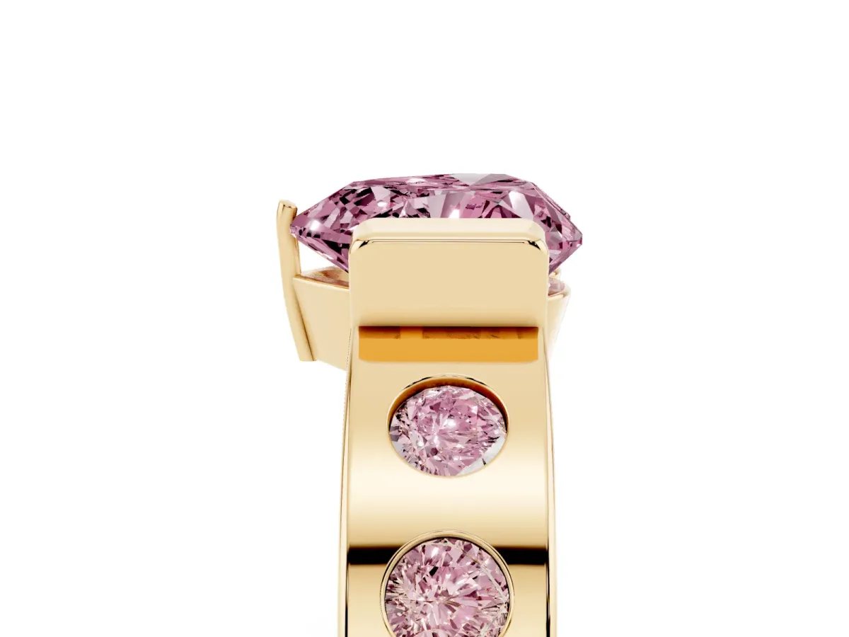 Fancy Pink Heart Cut Brilliant Channel-Set Diamond Ring with Bezel Prong Setting Yellow gold