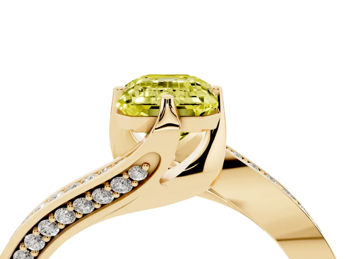Fancy Yellow Emerald Cut Solitaire Diamond Twist Band with Pavé Setting and Four-Prong Setting Yellow gold
