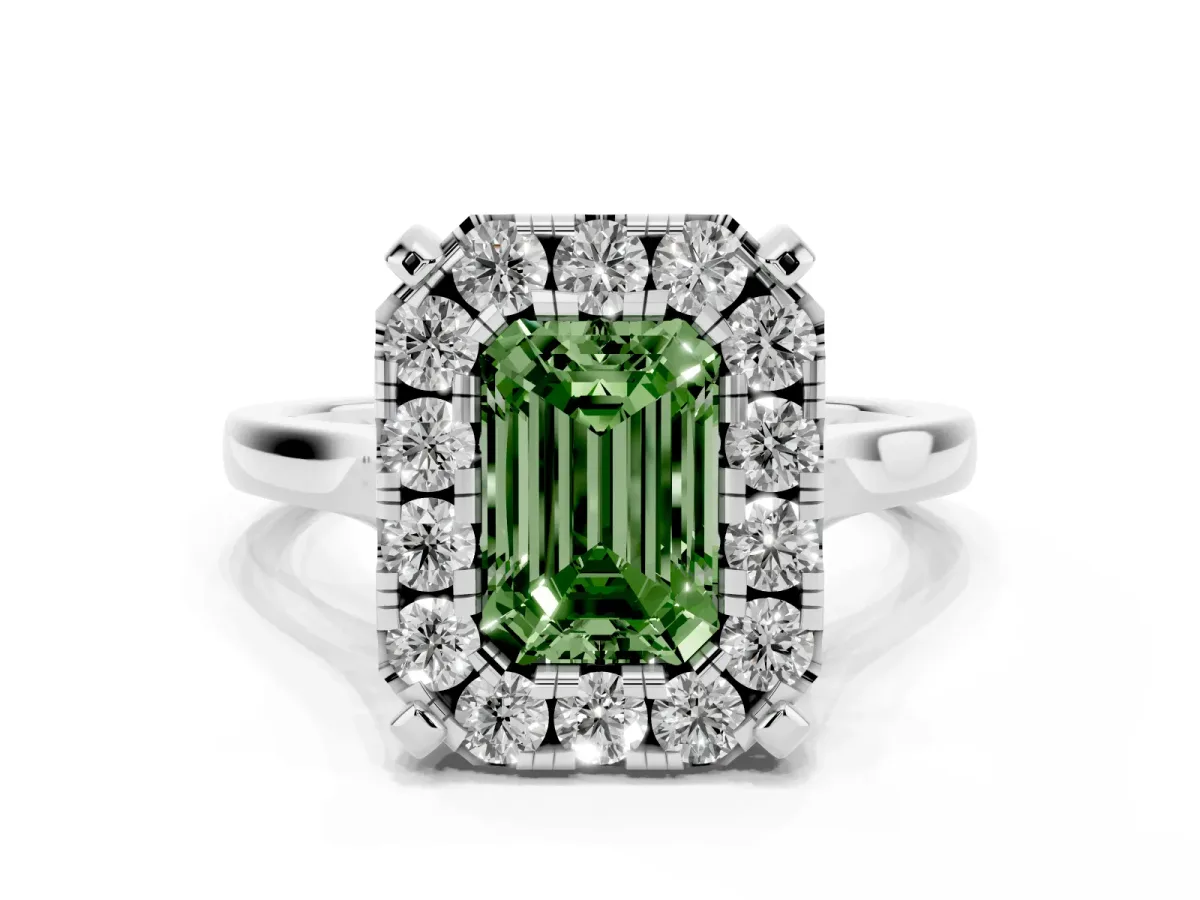 Fancy Green Emerald Cut Diamond Cluster Halo Solitaire with Four-Prong Setting Platinum
