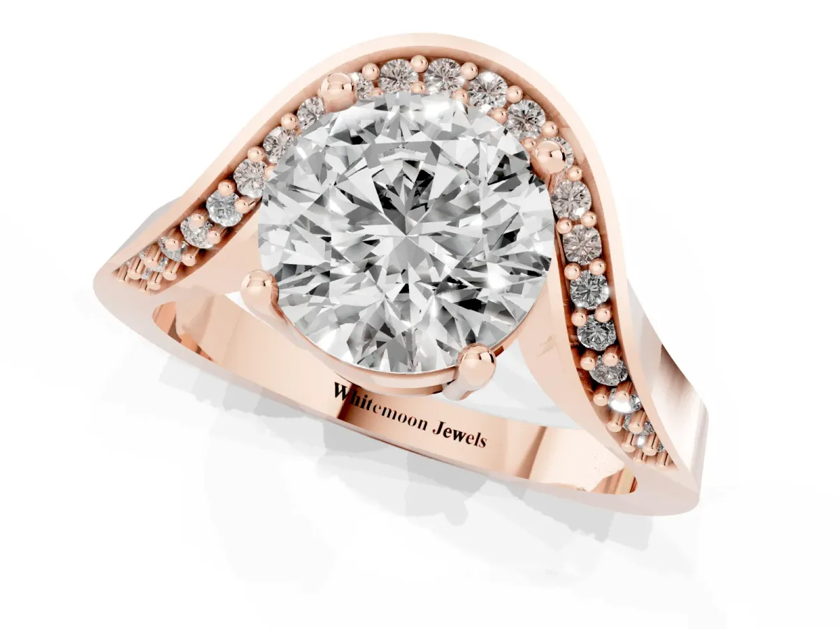 Round Cut Solitaire Diamond Engagement Ring with Pave Band and Four-Prong Setting Rose gold