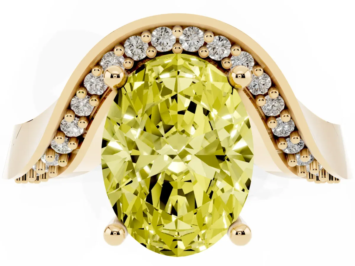 Fancy Yellow Oval Cut Solitaire Diamond Engagement Ring with Pave Band and Four-Prong Setting Yellow gold