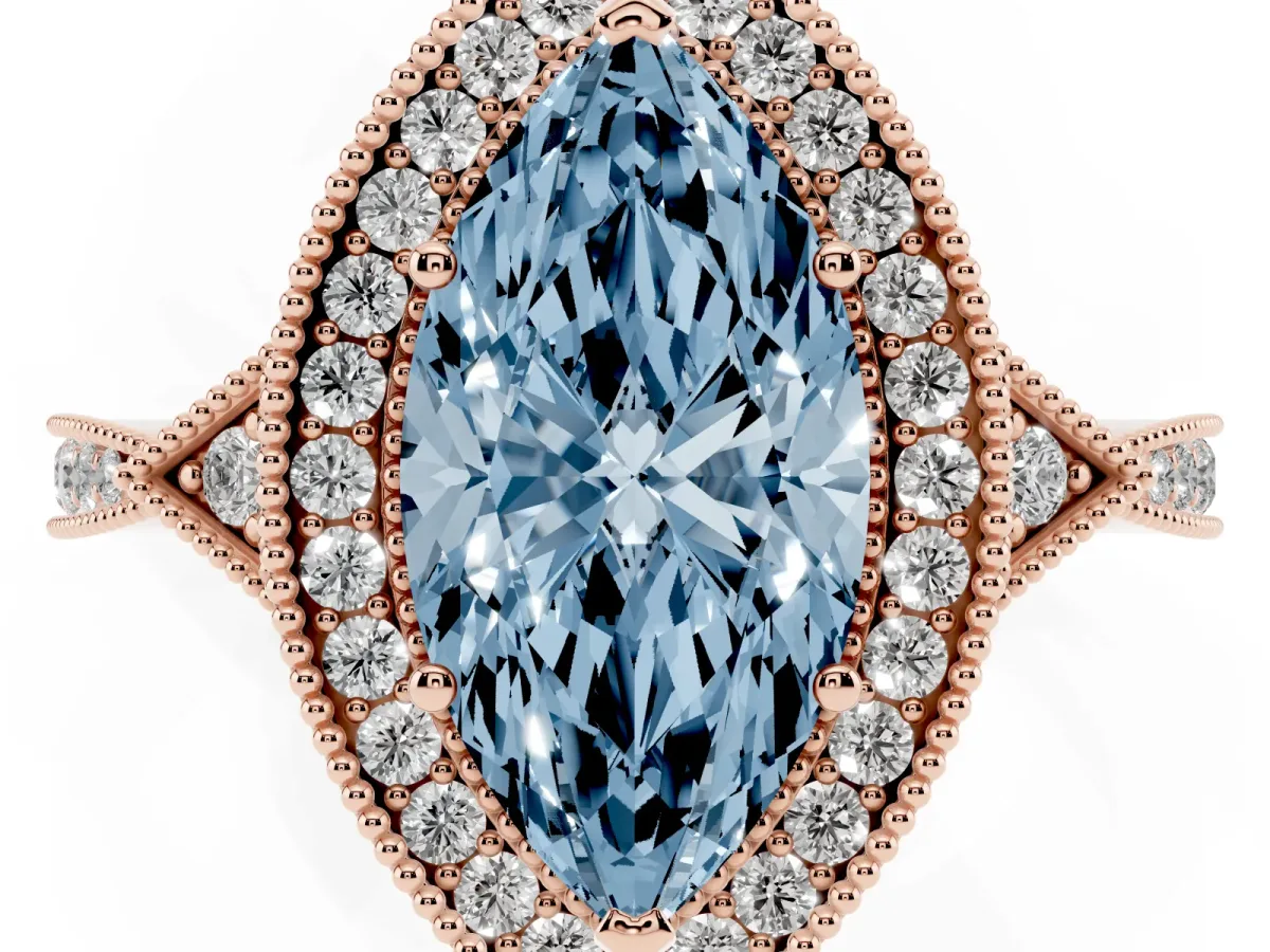 Fancy Blue Marquise Cut Halo Round Diamond Milgrain Pave Engagement Ring Rose gold