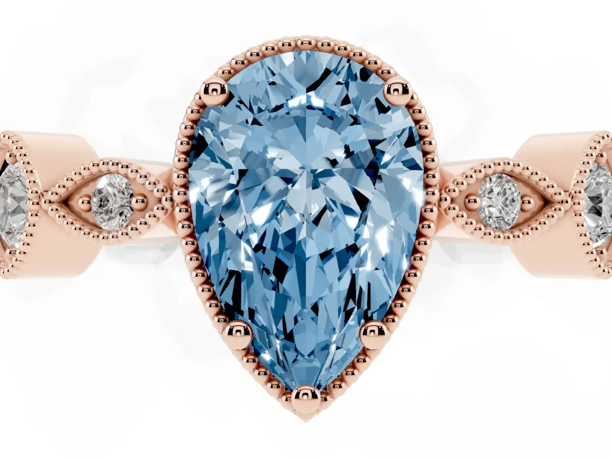 Fancy Blue Pear Cut Diamond Vintage Milgrain Ring with Round Stations Rose gold