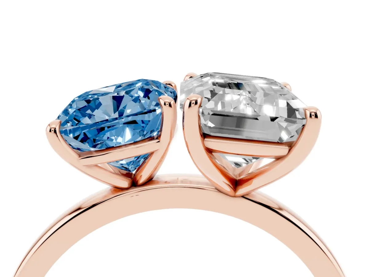 Fancy Blue Cushion Cut and Emerald Cut Toi Moi Ring with Prong Setting Rose gold