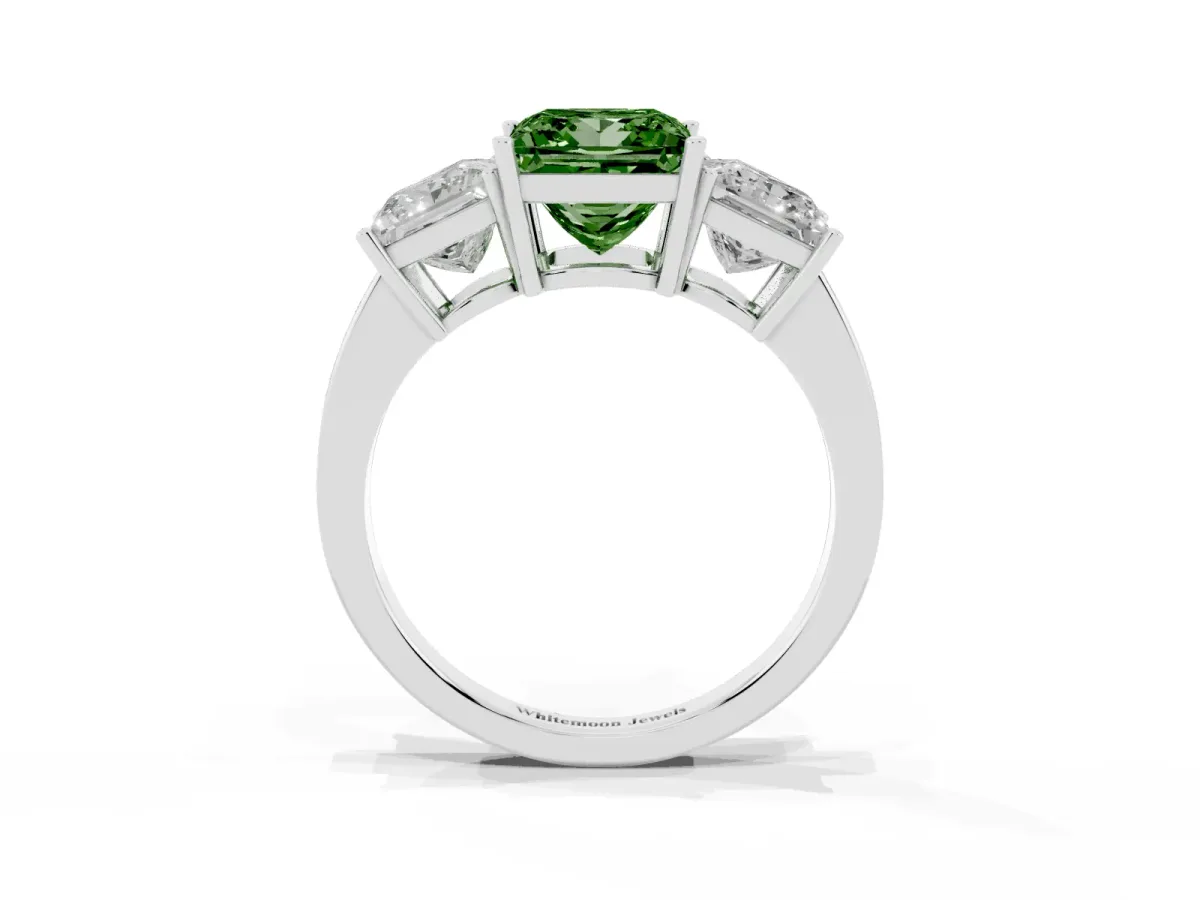 Fancy Green Three-Stone Princess Cut Cut Diamond Engagement Ring with Flat Band and Four-Prong Setting White gold