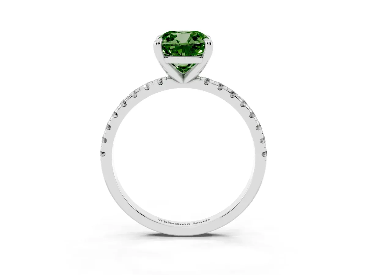 Fancy Green Cushion Cut Diamond Brilliant Solitaire Ring with Pavé Band and Four-Prong Setting Platinum