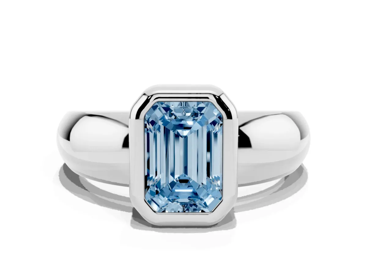 Fancy Blue Bezel Set Emerald Cut Solitaire Ring with Wide Band Platinum