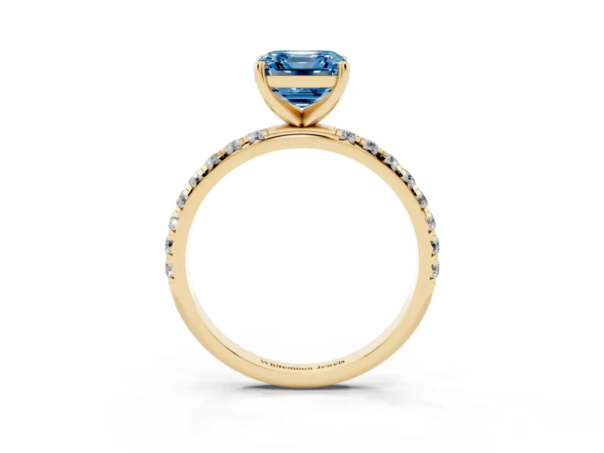Fancy Blue Asscher Cut Cut Diamond Solitaire Ring with Micro Pave Band and Four Prong Setting Yellow gold